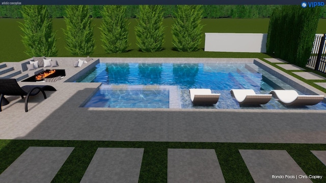 view of pool featuring fence, a fire pit, and an in ground hot tub