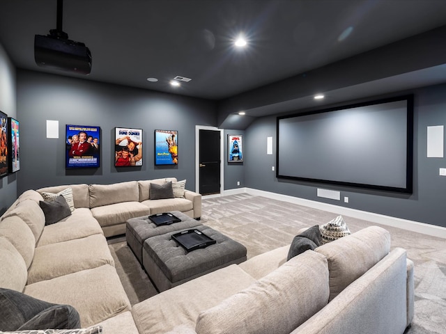 home theater with recessed lighting, carpet, visible vents, and baseboards