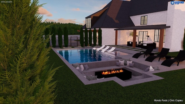 outdoor pool with a fire pit, a patio, a lawn, and fence