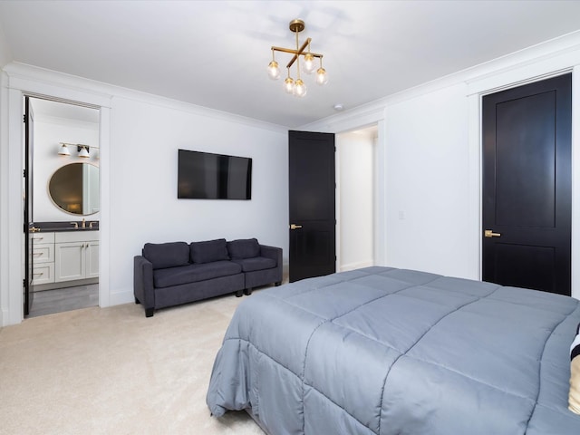 bedroom with light carpet, connected bathroom, a chandelier, and crown molding