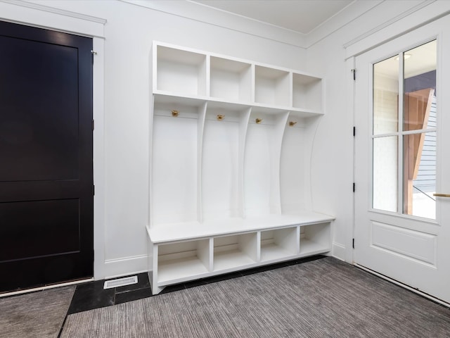 mudroom with visible vents and dark carpet