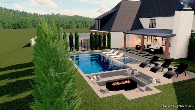 outdoor pool with an outdoor fire pit, a lawn, a patio area, and a view of trees