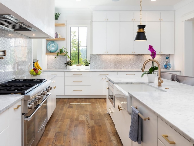 kitchen featuring white cabinets, stainless steel range, island range hood, and light stone countertops