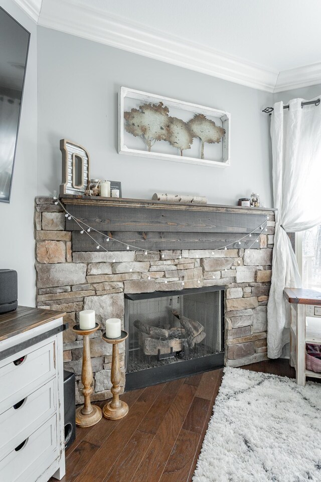 room details with ornamental molding, a stone fireplace, and wood finished floors