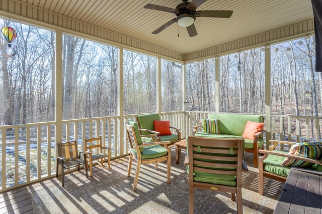 sunroom / solarium featuring a ceiling fan and a healthy amount of sunlight