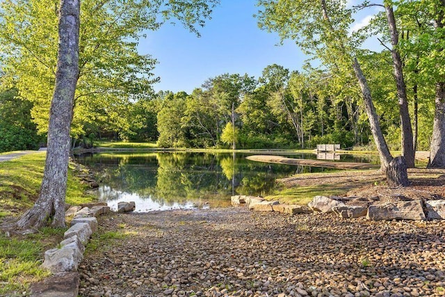 exterior space with a water view and a view of trees