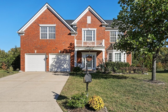 traditional-style house featuring brick siding, concrete driveway, a front yard, a balcony, and a garage