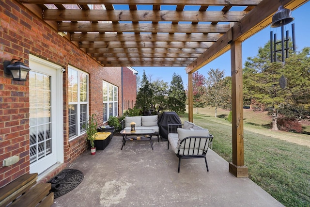 view of patio featuring a grill, an outdoor hangout area, and a pergola