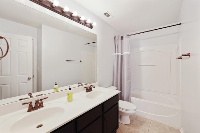 full bath with shower / bath combination with curtain, visible vents, a sink, and tile patterned floors