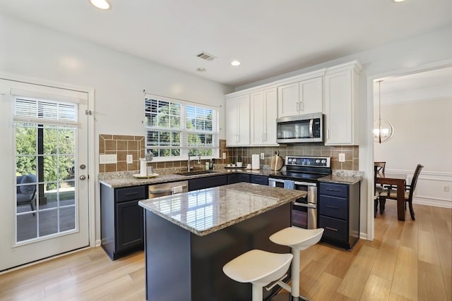 kitchen featuring a center island, stainless steel appliances, visible vents, white cabinetry, and a sink