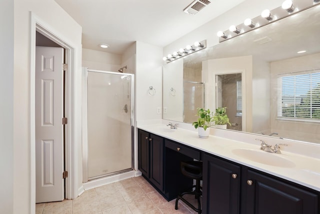 bathroom with a stall shower, visible vents, a sink, and tile patterned floors