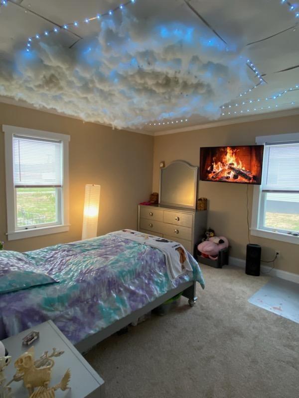 carpeted bedroom with crown molding and baseboards