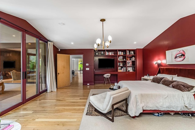 bedroom with recessed lighting, an inviting chandelier, vaulted ceiling, wood finished floors, and access to outside