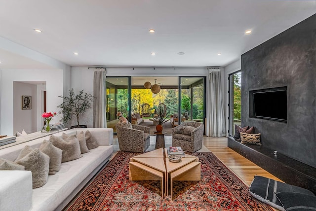 living area featuring wood finished floors and recessed lighting