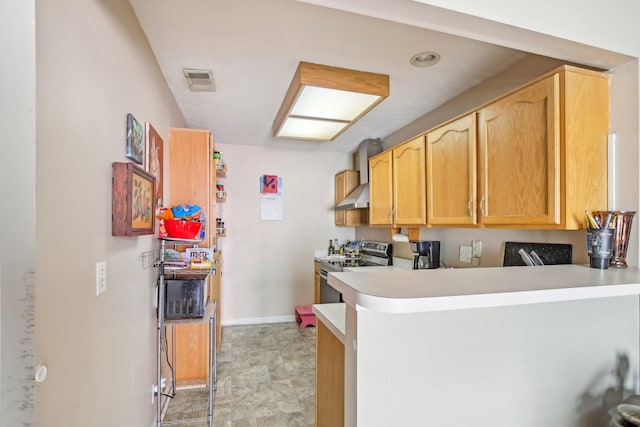 kitchen with baseboards, visible vents, a peninsula, light countertops, and stainless steel range with electric cooktop