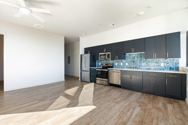 kitchen with a sink, visible vents, light countertops, appliances with stainless steel finishes, and tasteful backsplash