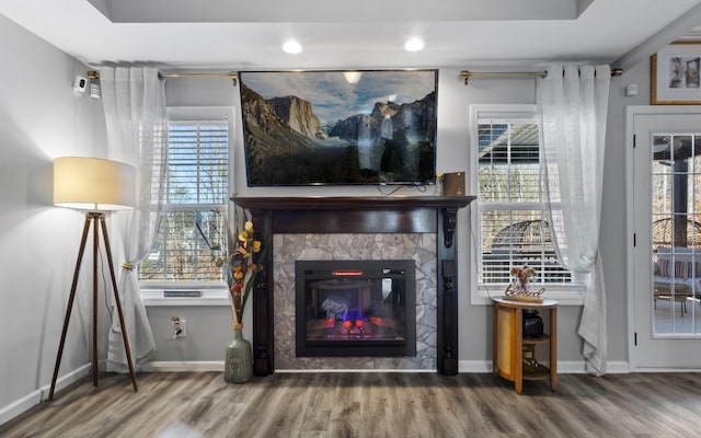 living room with a fireplace, baseboards, wood finished floors, and recessed lighting