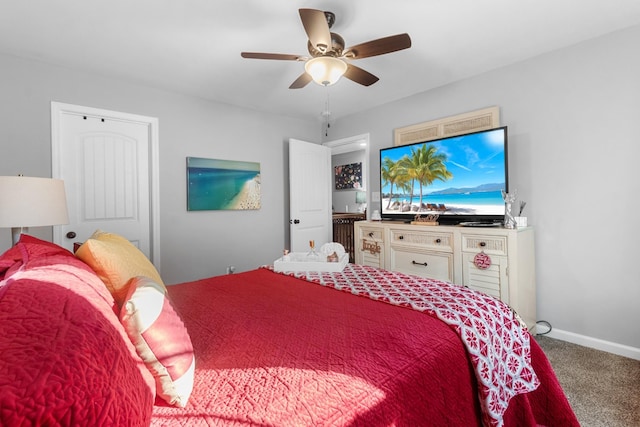 bedroom featuring ceiling fan, carpet floors, and baseboards