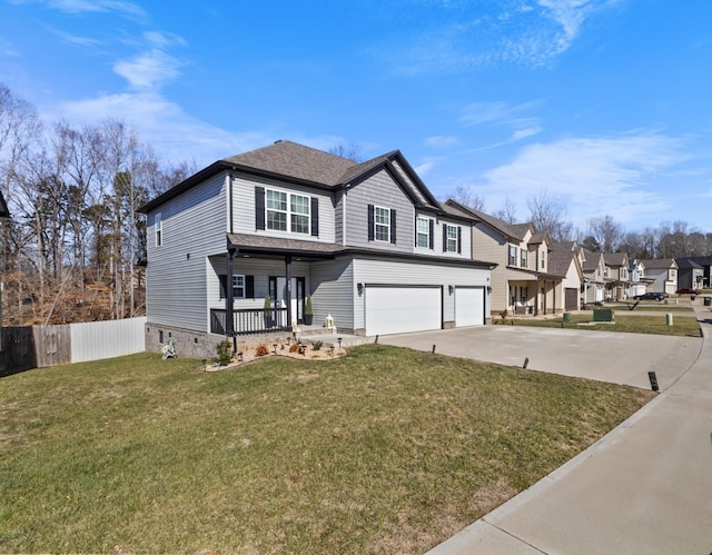 view of front of property with a residential view, a porch, an attached garage, fence, and a front lawn