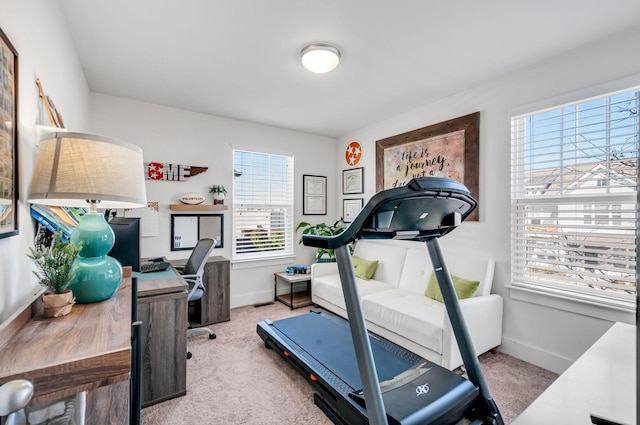 workout area featuring carpet floors and baseboards