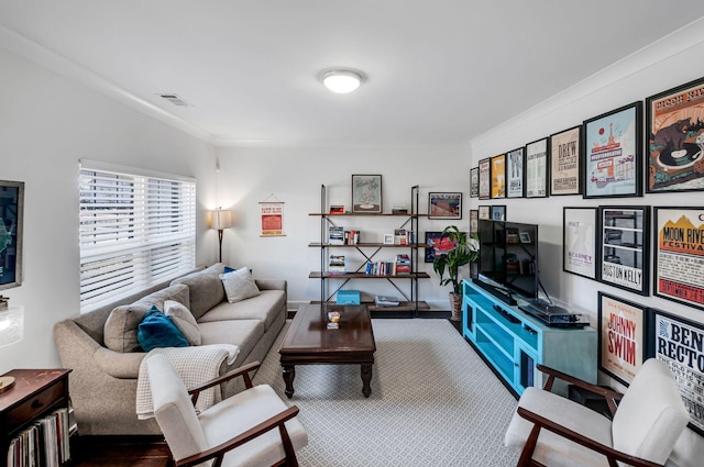 living area with ornamental molding and visible vents