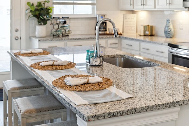 kitchen featuring white cabinets, light stone countertops, decorative backsplash, and a sink