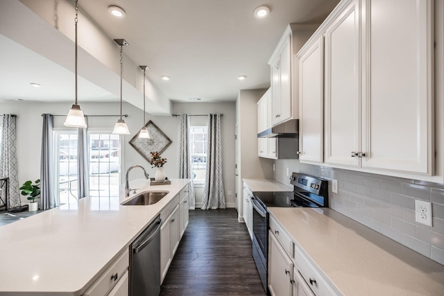 kitchen featuring under cabinet range hood, stainless steel appliances, a sink, white cabinetry, and light countertops