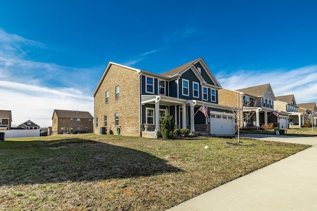 view of front facade with central AC unit, concrete driveway, a residential view, an attached garage, and a front lawn