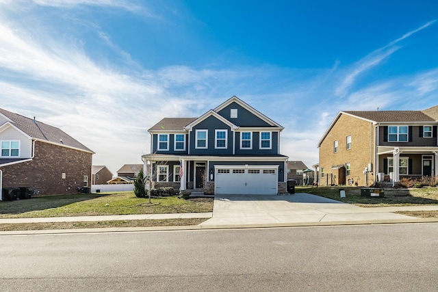 view of front of home featuring a garage, a residential view, concrete driveway, and a front lawn