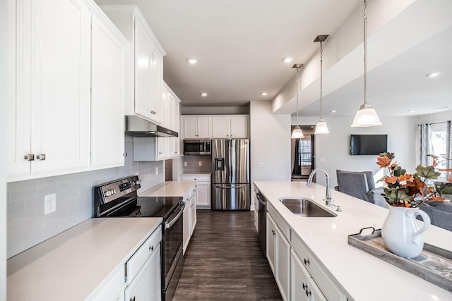 kitchen with under cabinet range hood, stainless steel appliances, a sink, white cabinetry, and light countertops