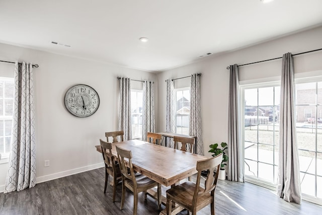 dining room featuring visible vents, dark wood finished floors, and baseboards