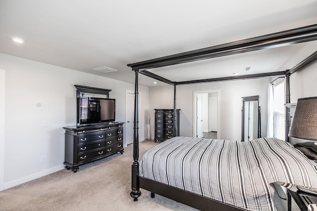 bedroom featuring recessed lighting, light carpet, visible vents, and baseboards