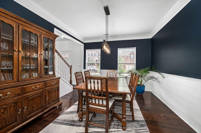 dining space with stairs, ornamental molding, dark wood finished floors, and wainscoting