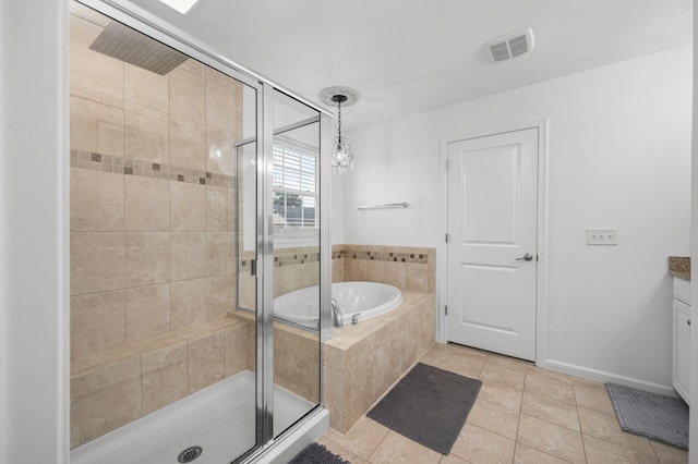 full bath with visible vents, tile patterned floors, a garden tub, vanity, and a shower stall