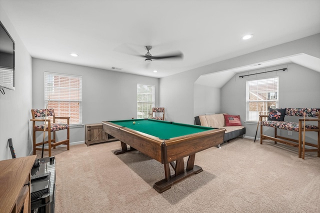 recreation room featuring carpet, a healthy amount of sunlight, billiards, and baseboards