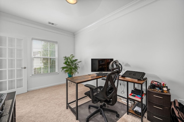 home office with baseboards, visible vents, ornamental molding, and light colored carpet