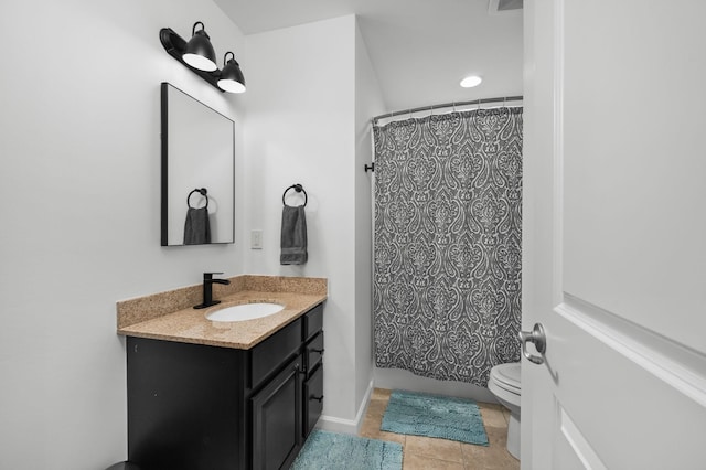 full bathroom with toilet, tile patterned flooring, shower / tub combo with curtain, and vanity