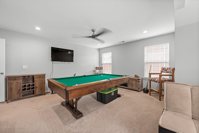 playroom featuring ceiling fan, recessed lighting, billiards, carpet flooring, and visible vents