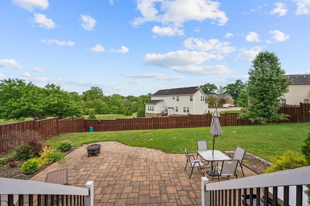 view of patio featuring an outdoor fire pit, outdoor dining area, and a fenced backyard