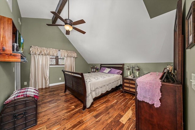 bedroom featuring lofted ceiling, ceiling fan, and dark wood-style floors