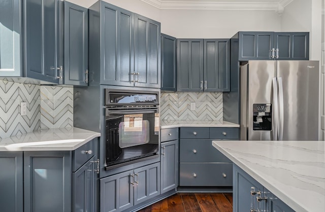 kitchen featuring dark wood-type flooring, black oven, stainless steel refrigerator with ice dispenser, light stone countertops, and crown molding