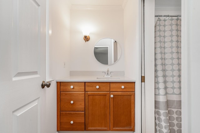 full bathroom with a shower with shower curtain, vanity, and crown molding