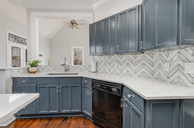 kitchen featuring lofted ceiling, dark wood-style flooring, a sink, ornamental molding, and dishwasher