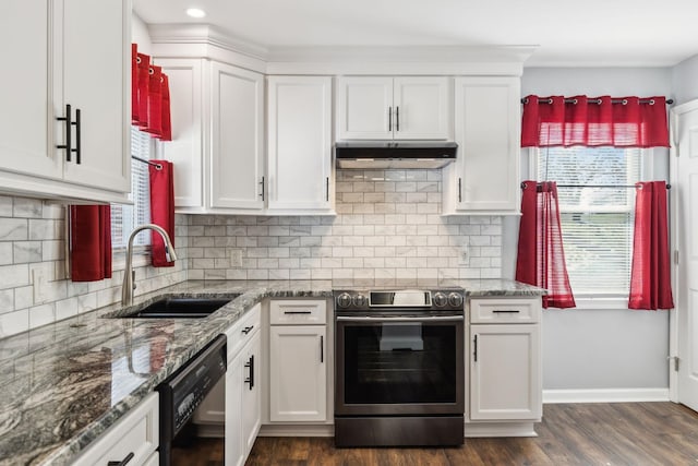 kitchen with under cabinet range hood, a sink, white cabinets, electric stove, and dishwasher