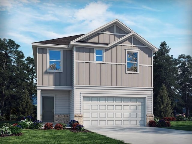 view of front of home with driveway, board and batten siding, an attached garage, and a front yard