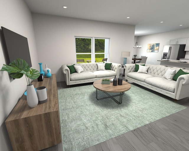 living room with dark wood-type flooring and recessed lighting