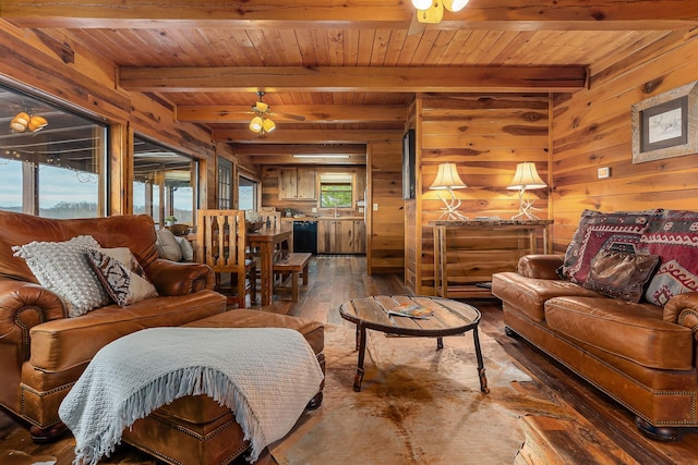 living area with wooden ceiling, dark wood-style floors, wooden walls, and beamed ceiling