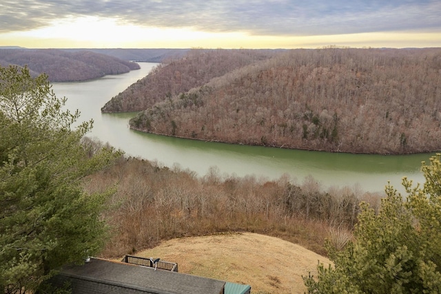 aerial view at dusk featuring a water view and a wooded view