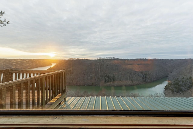 wooden terrace featuring a water view and a forest view