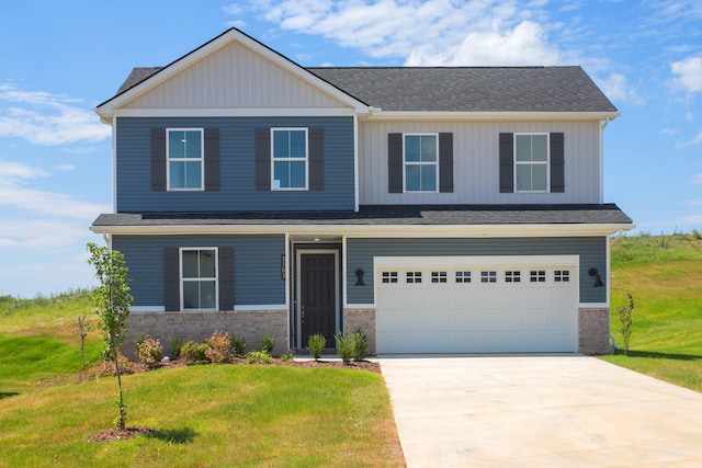 craftsman-style home with an attached garage, stone siding, driveway, and a front yard